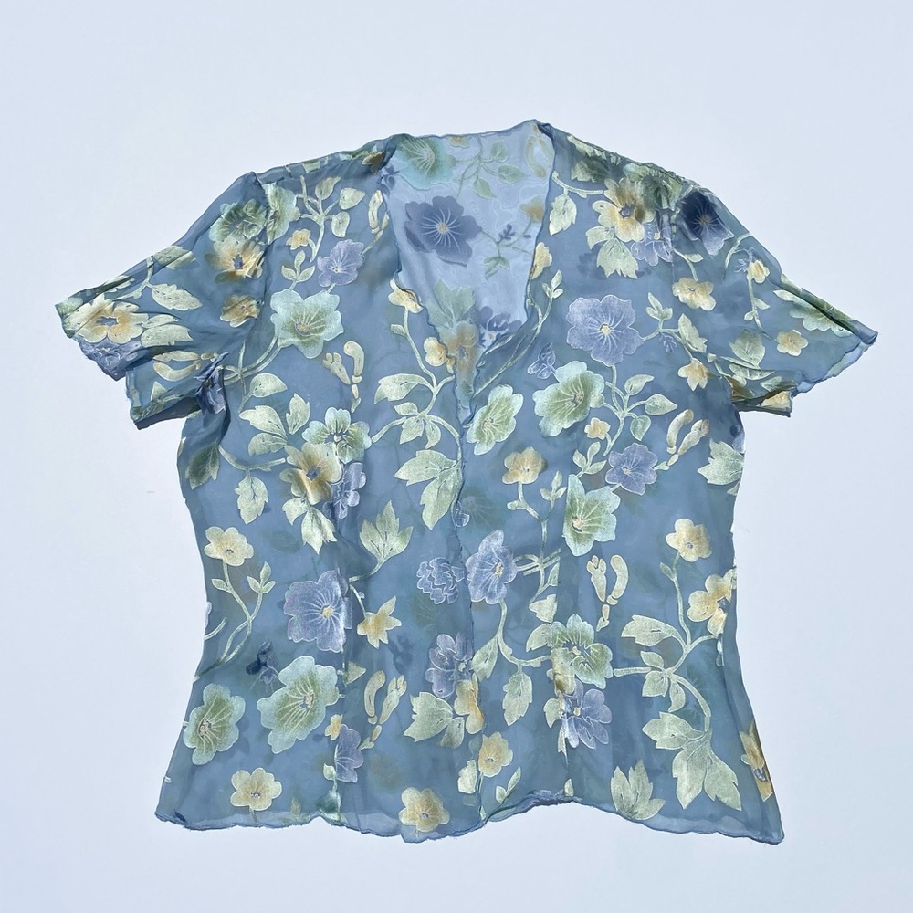 Light blue floral sheer short sleeve open front cardigan top Women Medium Spring